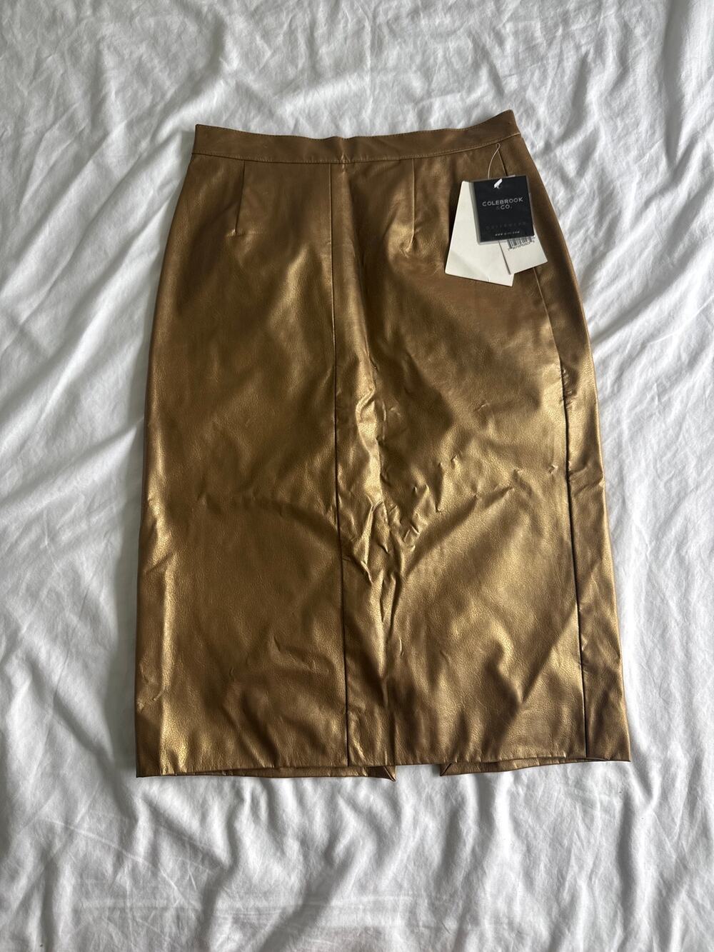 NWT Vintage Colebrook & Co Faux Leather Skirt Gold Business Baddie